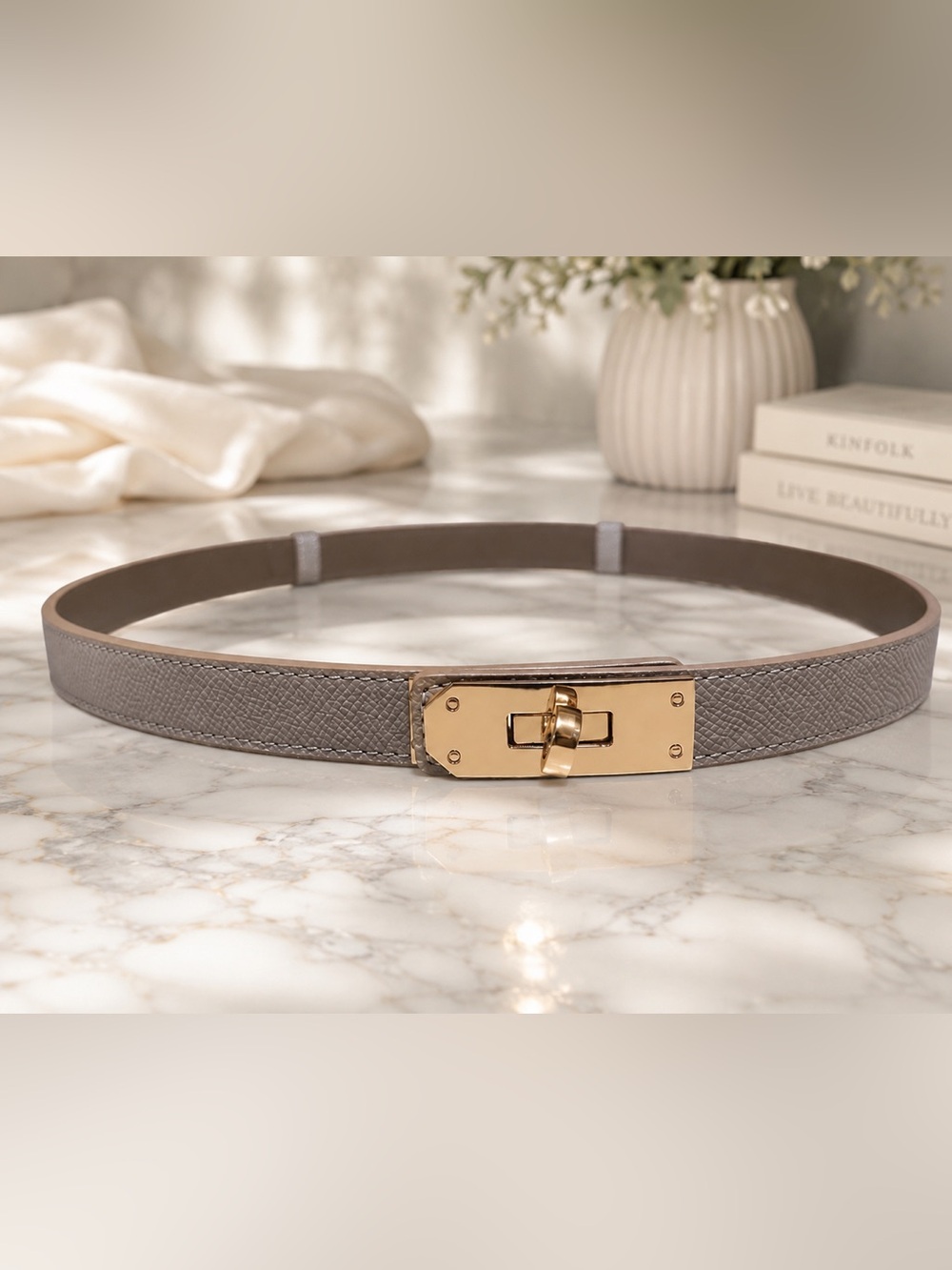 Accessory Concierge Lock Belt Gray Gold Turn Lock M/L Faux Leather New